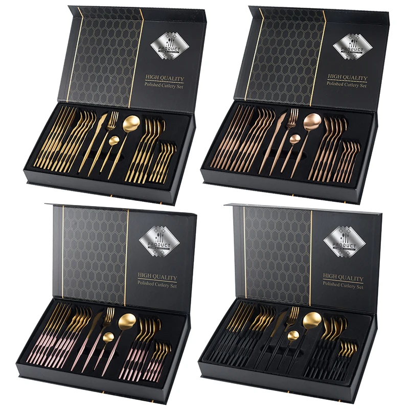 
High Quality Custom Color Logo Hotel Wedding Cuttlery Flatware 18/10 Stainless Steel Court Cutlery Set With Gift Box 