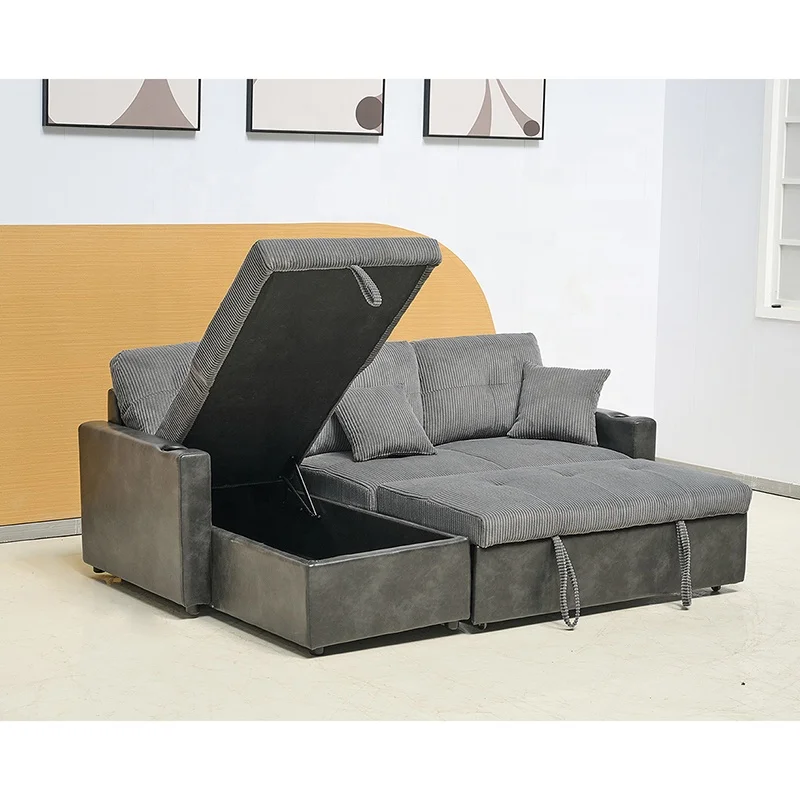 Corduroy Fabric And Synthetic Leather  Upholstered Sofa Bed Living Room Sofa Bed With Cupholders Foldable Sofa Couch Furniture