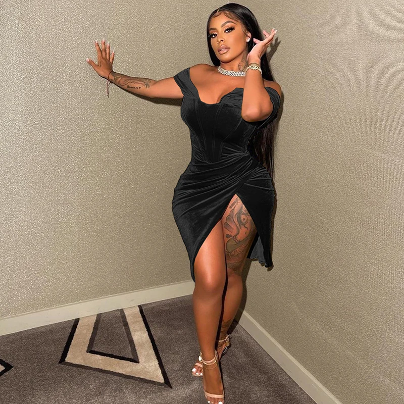 Mainingl Sexy Ladies Dress Off Shoulder Velour Split Club Wear Evening Dresses Women Short Dresses