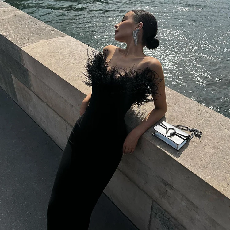 Chic Vintage French Fashion Feather Tube Vestidos Para Mujer Slim Black Long Dresses Women Lady Elegant