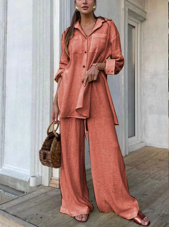 Custom two-piece women sets shirt long sleeve split blouse with wide leg trousers two-piece set