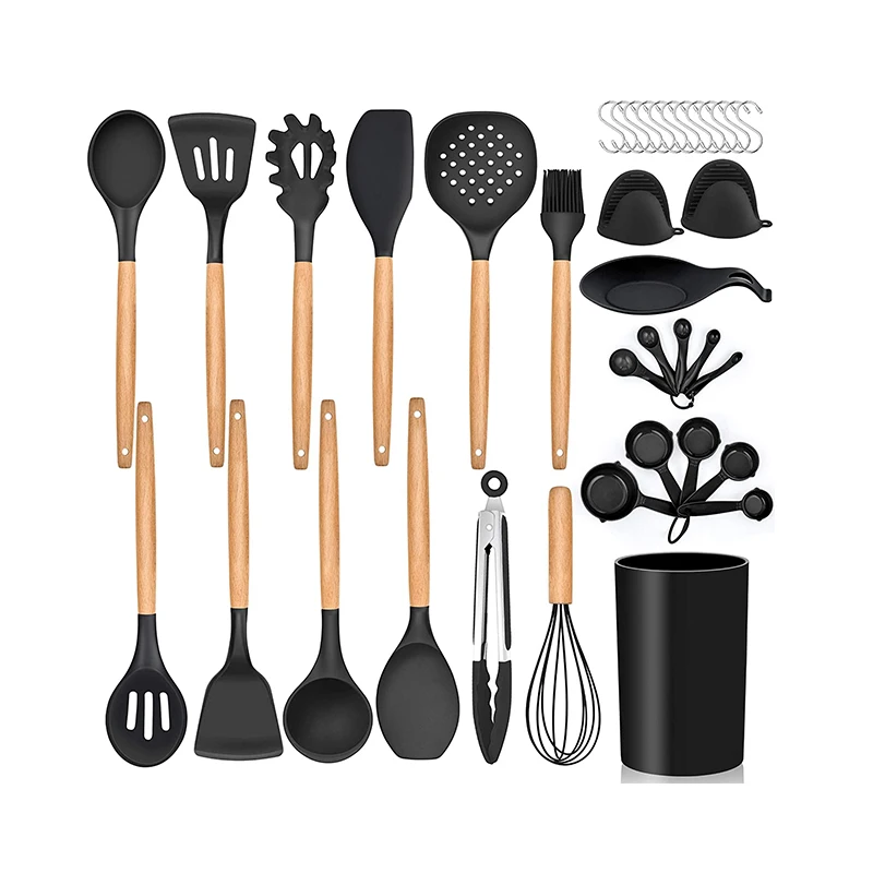 
BPA Free Non-Toxic silicone wooden Kitchen Utensil Set Amazon Silicone 38 pcs kitchen tool set macaron color silicone 