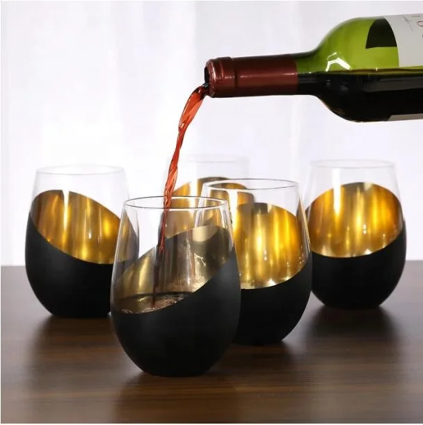elegant 30 Oz. matte black and gold tumbler stemless Wine Glass Set of 6