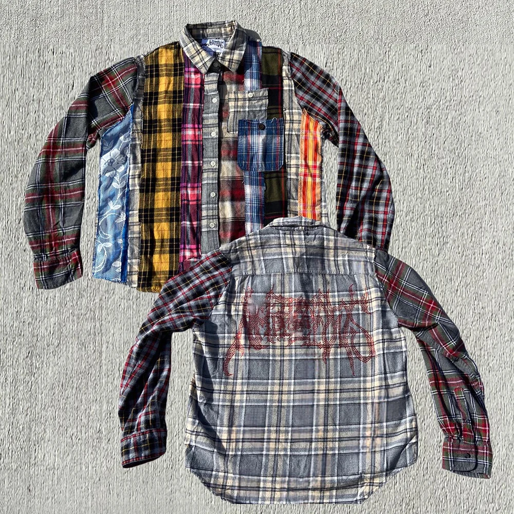 Custom hip hop streetwear uneven hem distressed men plaid shirts paneled flannels patchwork cut and sew panel flannel shirt