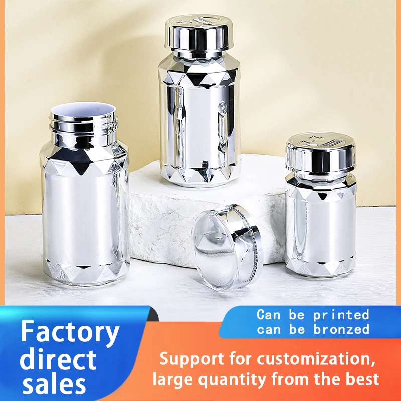 Electroplating process silver high-end plastic bottle for pills medicine vitamin packaging manufacturing empty with silver cap
