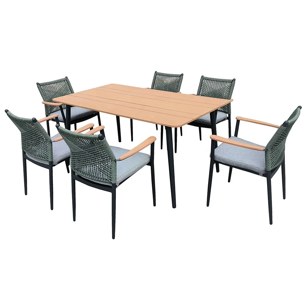 garden furniture outdoor aluminium plastic wood top rope weaving chair dining table  set