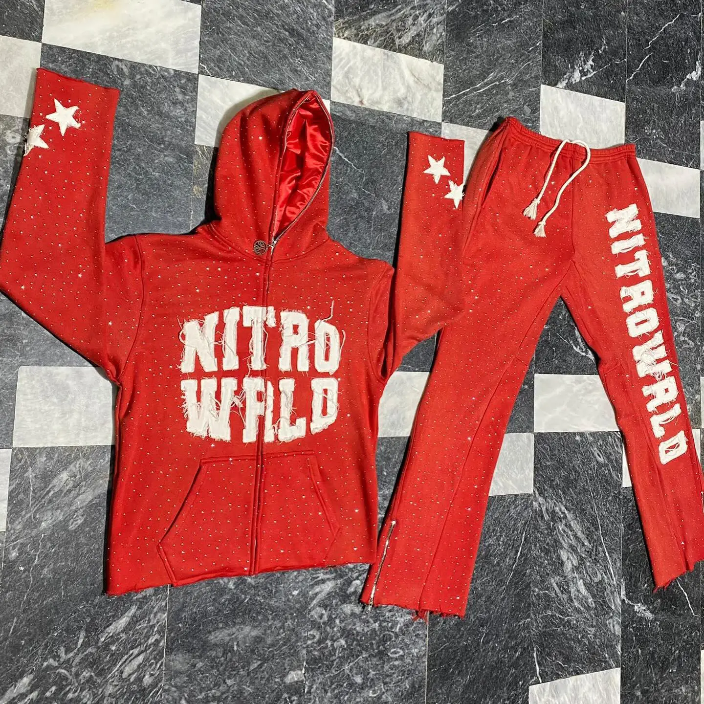 Manufacturer zipup Custom Rhinestone Full Face Zip Up Hoodie Distressed Patch fullzip Sweatpants And zipper Hoodie Sets For Men