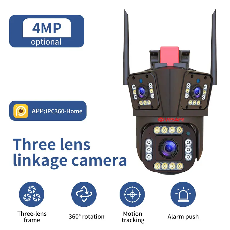 Vesafe Two-way Audio 3 Lens Screen Alarm Push Outdoor Cctv Hd 12MP Wifi Wireless Ip Security PTZ Cameras