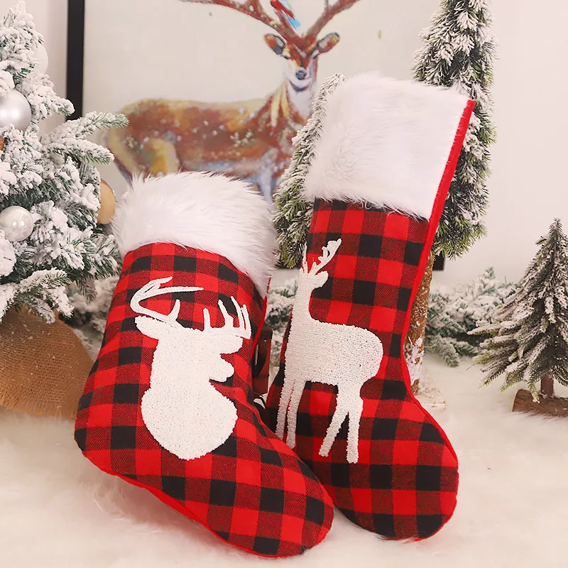 
2021 Wholesale Cute Christmas Decoration Supplies Hairy Plaid Elk Red Socks Gift Box Ornaments Bags Felt Xmas Stocking In Bulk 