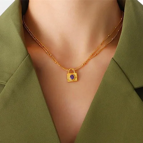 New Zircon Double Layer Stainless Steel Pendant Necklace Cube 18k Pvd Coated Fashion Waterproof Non-fading Jewelry Necklace Set