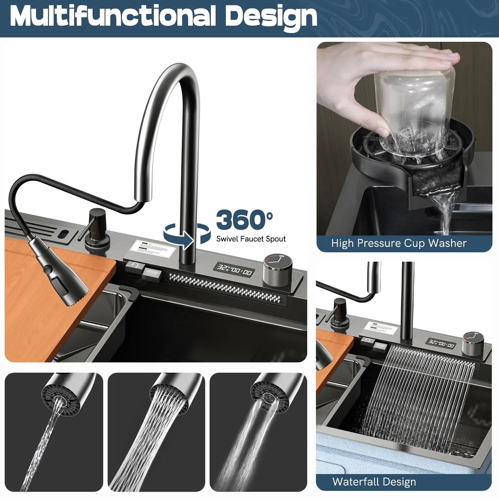 Voriva Modern smart kitchen sinks stainless steel Nano black Digital Display kitchen sink faucet single bowl kitchen sink set