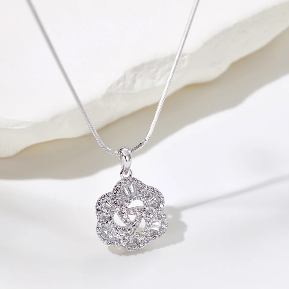 Dylam Stylish 925 Sterling Silver Rhodium Plated Snake Chain 5A Cubic Zircon Infinity Flower Pendant Necklace Jewelry for Women