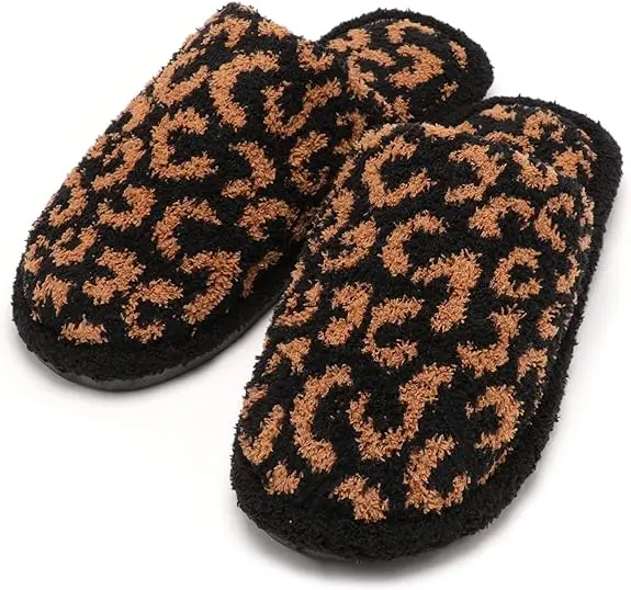 Women Animal Print Comfort Fluffy Fuzzy Slip-on House Slippers closed Toe Indoor Outdoor Non-Slip Slippers for Lady