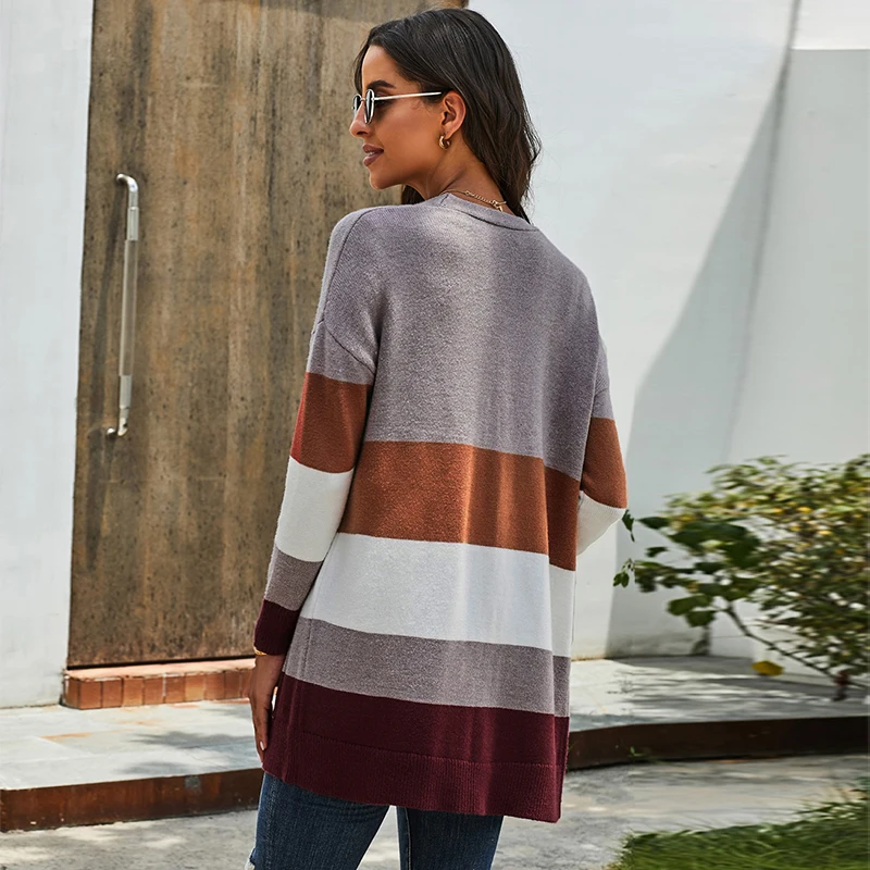 Fall Winter 2024 Casual Open Front Cardigan Sweater Long Sleeve Color Block Knitted Cardigan For Women