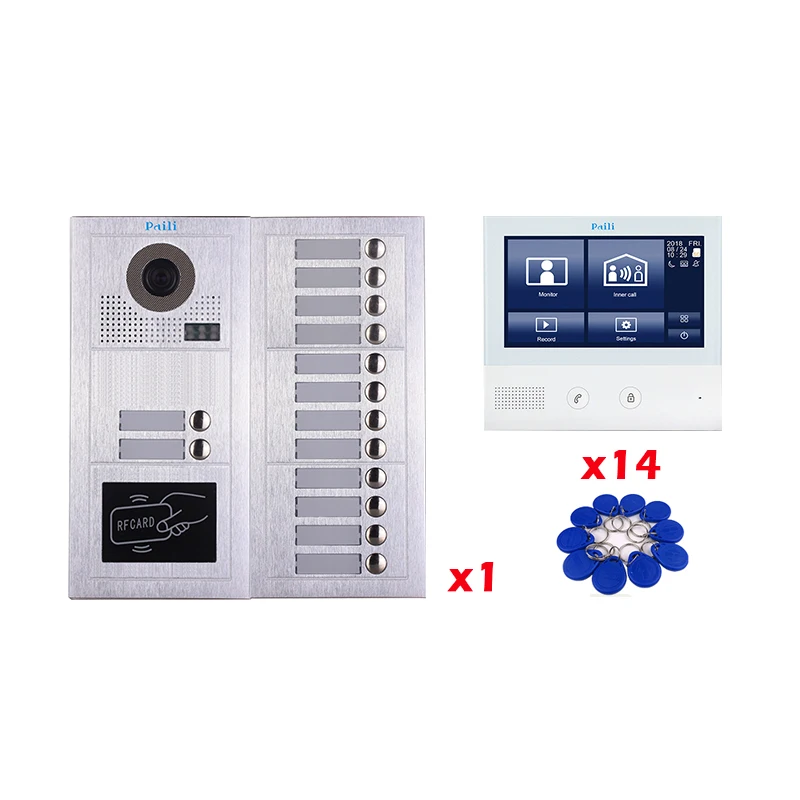 7' Video Door Phone Interphone System 14 Monitors with 1 Doorbell Camera for 14 Apartment Video Intercom System