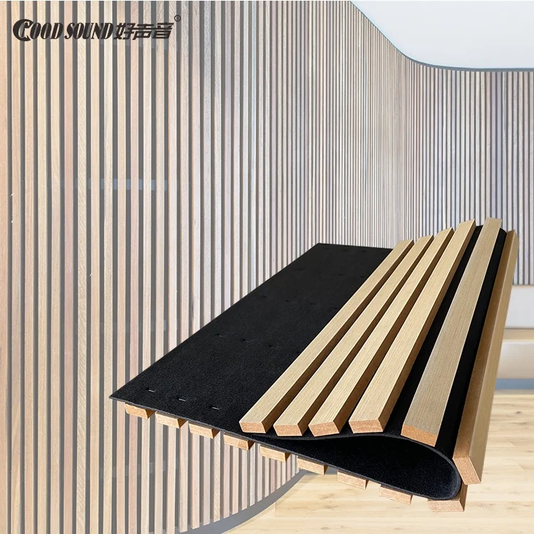 Goodsound Curved Walnut Soundproof Ceiling Akupanel Sound 3-Side Veneer Slotted Slat Forest Wooden Mdf Acoustic Wall Panels