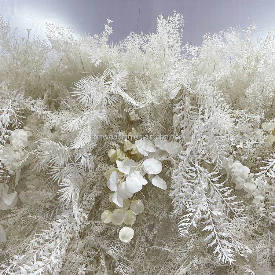 Sunwedding Customized Long Drapery Cream White 3D Hairy Feather Flower Wall With Butterfly Orchid Roll Up Floral Wall