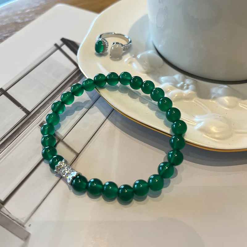 New Chinese Natural Green Chalcedony Beaded Bracelet S925 Sterling Silver Jade National Style Live Explosions
