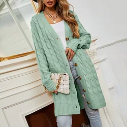 RTS Wholesale Button Down Pocketed Knit Fall Winter Long Cardigan Sweater For Ladies