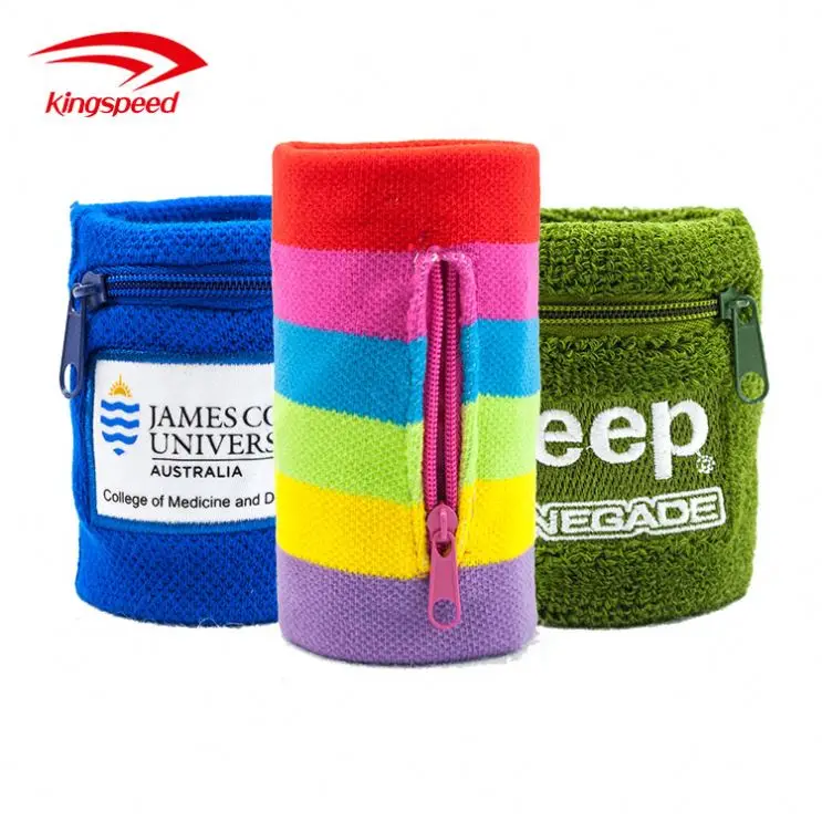 custom sweatbands no minimum terry cloth Jacquard Knitted Logo wrist sweatbands Zipper Pocket wristband sport sweatband
