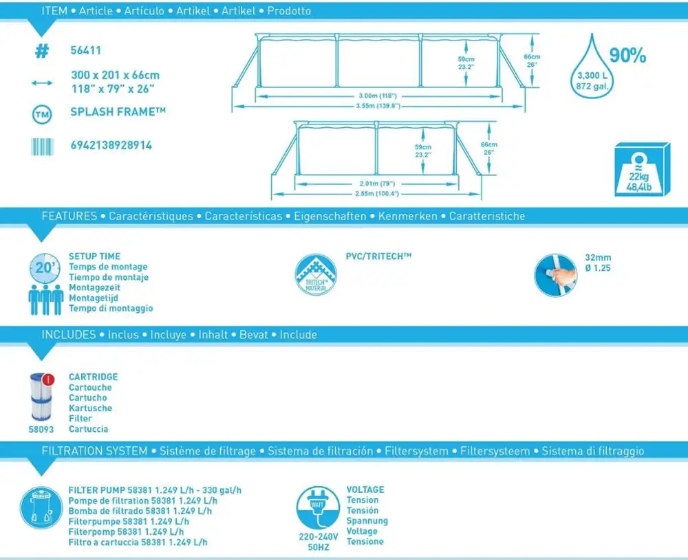 
300 x 201 x 66cm 56411 Steel Pro Splash Frame Swimming Pool Set with Filter pump 