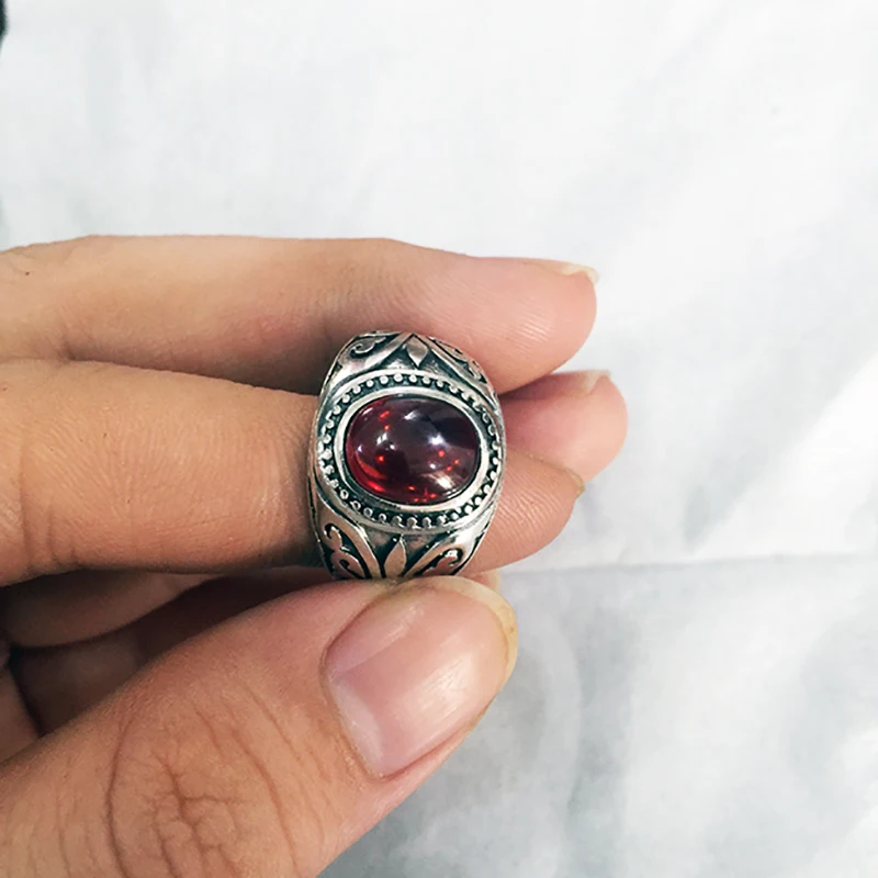 925 Sterling Silver Engraved Flowers Black Onyx Turkish Men Rings Red Garnet Stone Ring Designs For Silver Men Jewelry