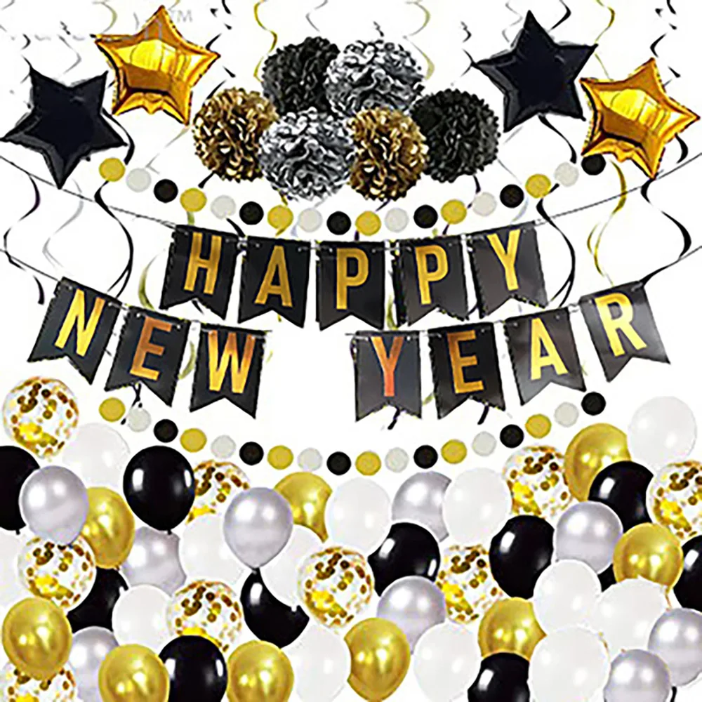 New Product Happy New Year Black Gold Hanging Flag Balloon Set Holiday Theme Party Paper Flower Ball Spiral Pendant Decoration