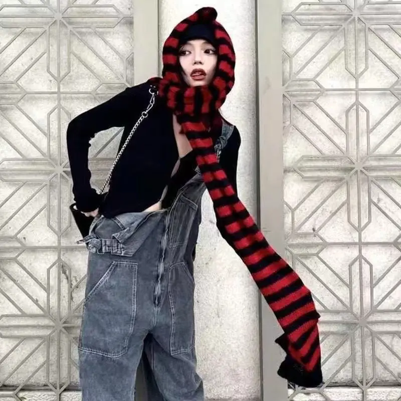 2024 Winter Women Gothic Y2K Punk Streetwear Two Color Block Striped Warm Knitted Scarves Neckerchief Long Scarf Unisex