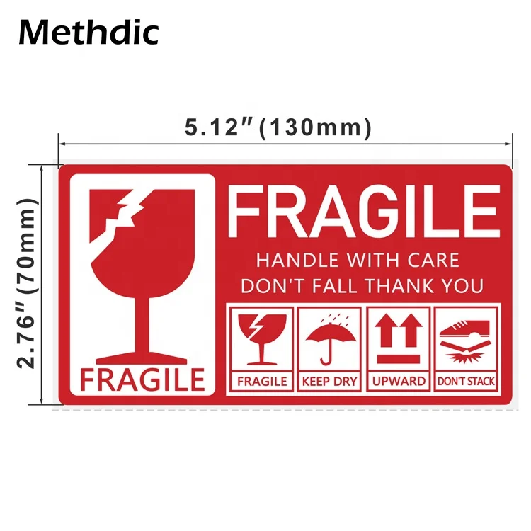 Methdic 130x70mm self adhesive fragile labels stickers rolls for shipping and moving