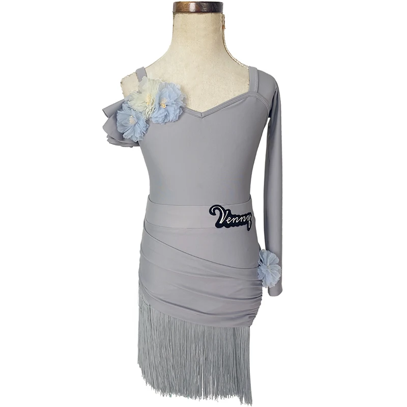 Vennystyle Professional Latin Dance Uniform for Women Single-Shoulder Top Tassel Skirt High Elasticity Spandex Training Dress