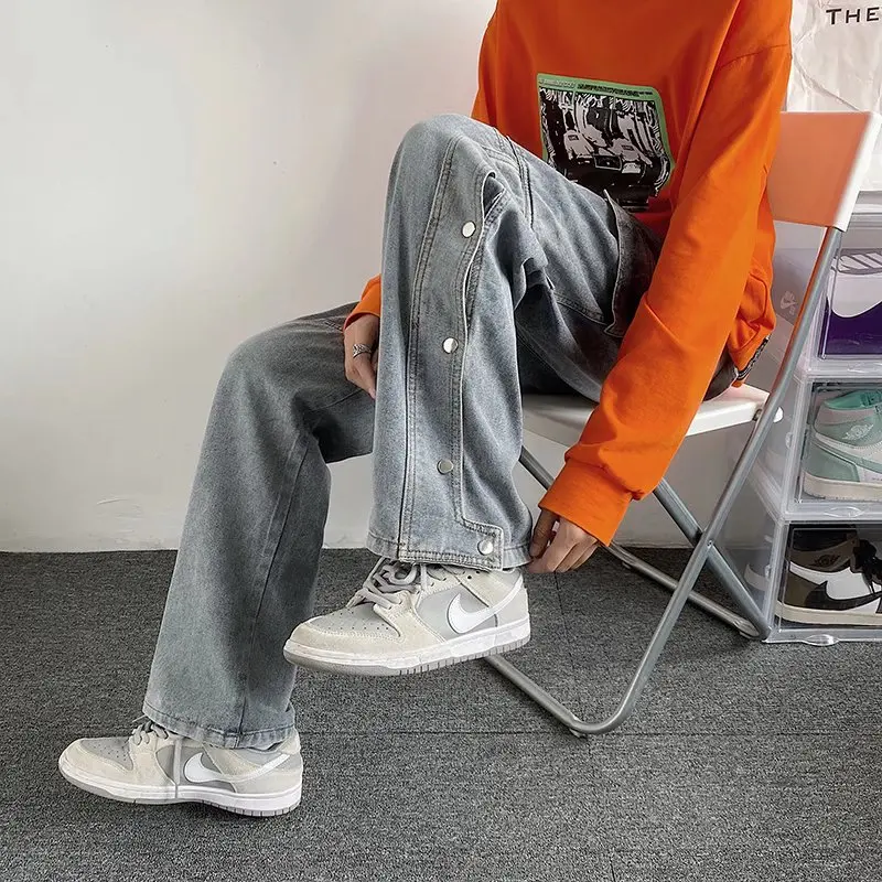 High Street Style Denim Cargo With Side Pocket Jeans Vintage Straight Wide Leg Jeans Loose Jeans