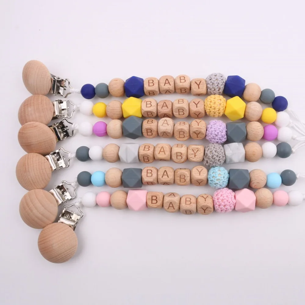 Custom Baby Personalize Name pacifier Clip Silicone Beech Beads Binky Clip Pacifier Chain Chew Baby Teether Toys Nipple Holder