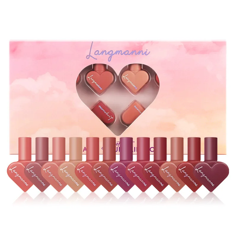 New waterproof heart shape 12pcs velvet matte liquid Red lipstick Set Women Lip Makeup Lipgloss Kit