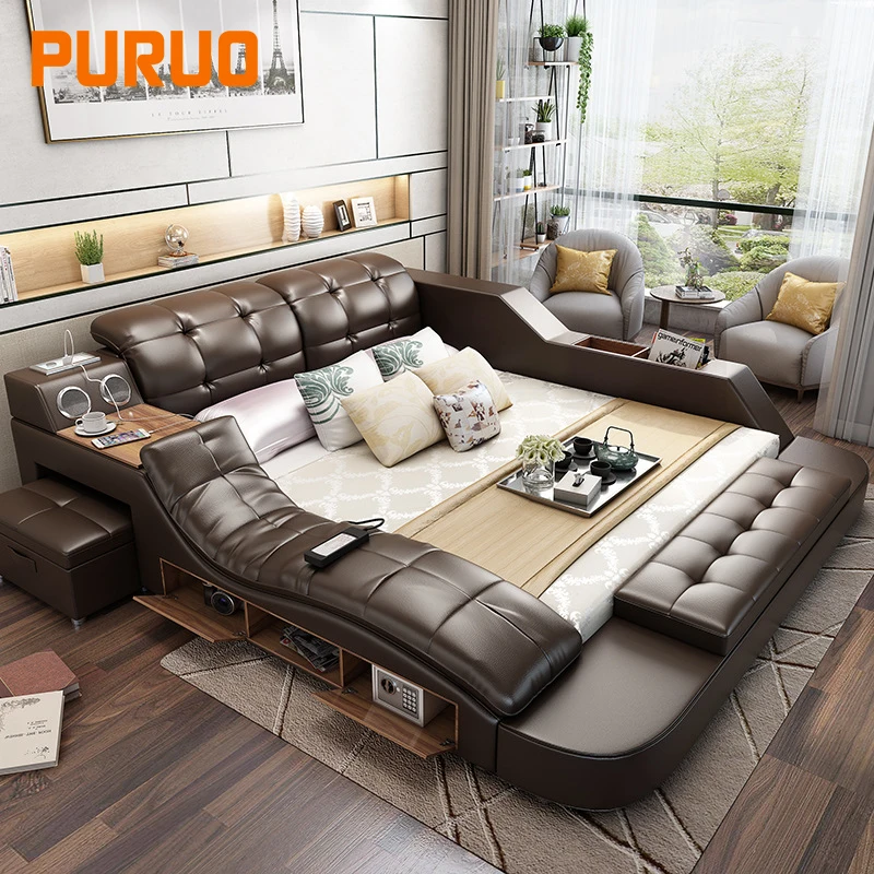 PURUO Luxury smart bed multifunction king size bed set sheet platform message bed with speaker