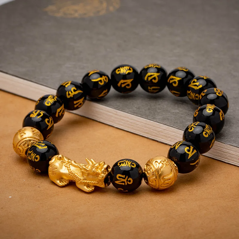 
Women Men Real Gold Plated Buddha Pixiu Bracelets And Charms Beads Lucky Money Feng Shui Pixiu Black Obsidian Wealth Bracelet 