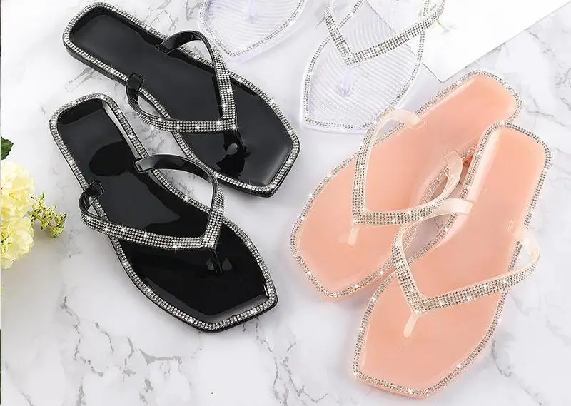 Шлепанцы женские с квадратным носком, сандалии-желе с кристаллами, плоская подошва, уличные тапочки, Цвет Алмаз