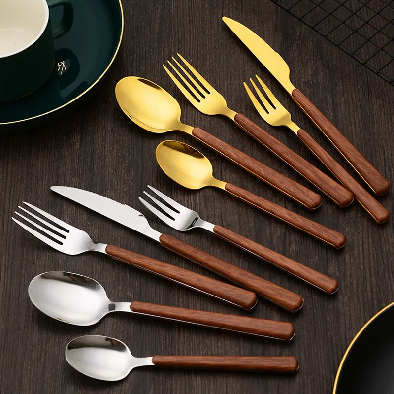 wood grain Japanese style cutlery  handle stainless steel tableware knife fork spoon steak knife 5 pieces set