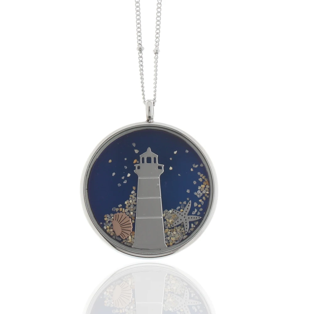 Blue enamel lighthouse silver locket stainless steel for man floating design charms glass locket