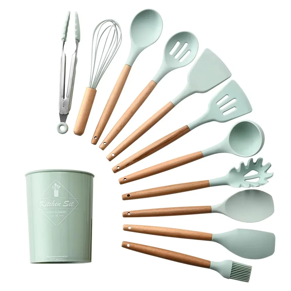 12 multifunctional silicone kitchenware set with Wooden Handle Non-stick Spoon Tongs Utensilios De Cocina Kitchen Utensils Tool