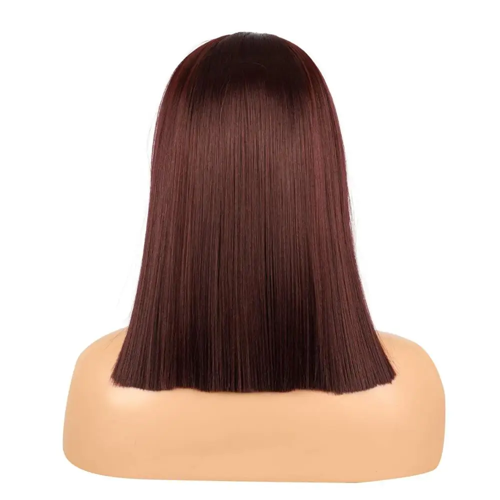 13x6 Wine Red Lace Front Wig, 14 Short Burgundy Bob Wig Silky Straight Middle Part Synthetic Wig for Women, Pre Plucked with Nat