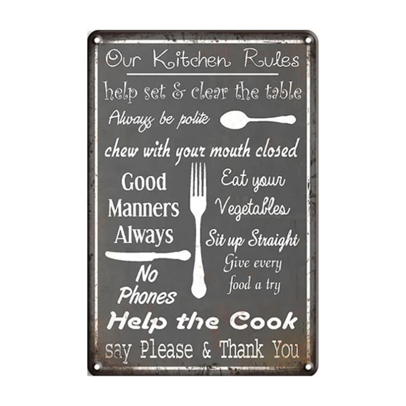 Vintage Kitchen Rules Metal Plate Tin Signs Custom Printed Retro Wall Decor Lounge Bar Cafe Home Kitchen Restaurant 20cm x 30cm