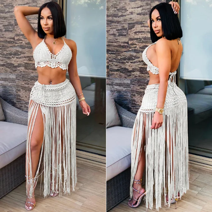 High Quality Wholesale Summer Woman Beach Cover Up Swimsuit With Long Fringe Skirt Crochet Beach Wear For Swimwear Women