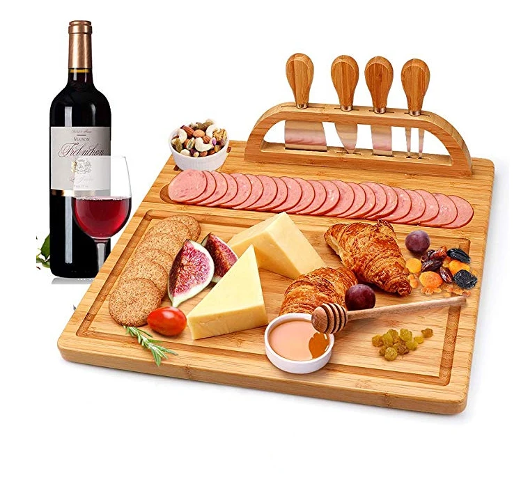2022 Bamboo Cheese Board Set Cheese Plate with Cheese Tools Serving Tray for Wine Cracker Brie and Meat