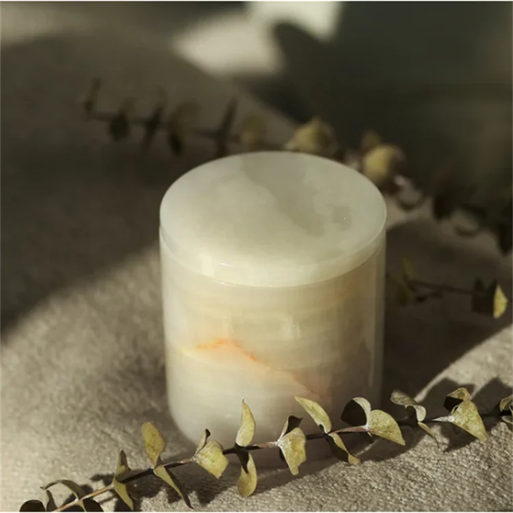 Natural Marble Candle Holder Cylinder Vessel Empty Wax Melt Warmer Aromatherapy Green Onyx Round Marble Candle Jar With Lid