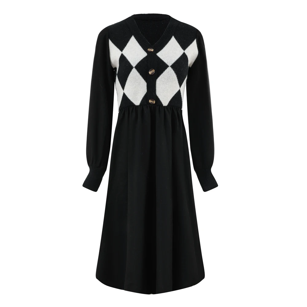 New Fashion Ladies Wool Knitwear Dress V-neck Long Skirt Button Neck Knit Long Sleeve Casual Pullover Paid Sweater Dress Plus Si