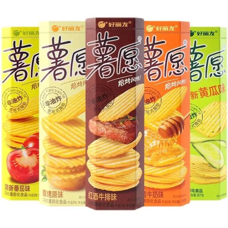 Wholesale popular exotic snacks non-fried multi-flavor potato chips 104g