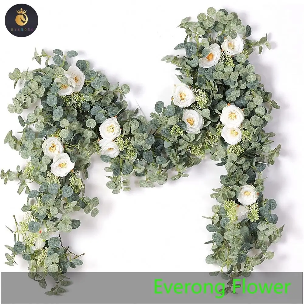 Party Wedding Table Backdrop Wall Decor Eucalyptus Garland White Artificial Flowers Roses Garland For Decoration