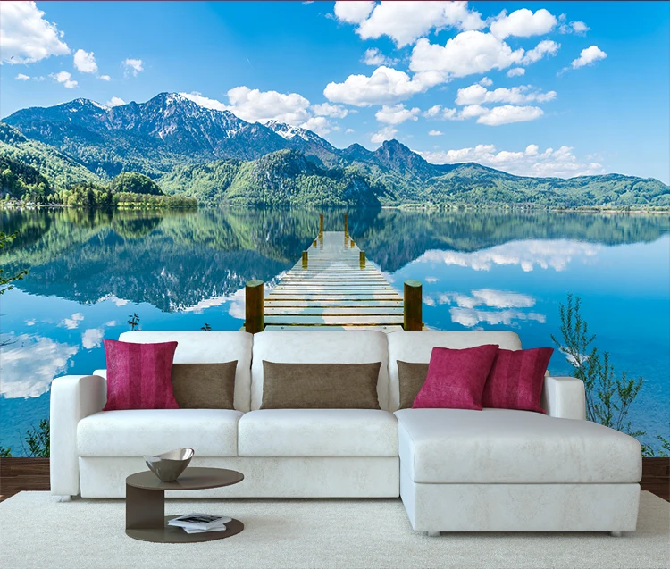 Lake Reflection Single-plank Bridge Self-adhesive Wall Mural Blue Sky White Clouds Mountain View Home Wallpaper