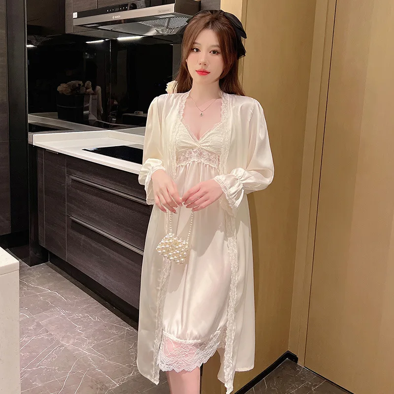 Luxury lace embroidery excellent women printing satin kimono pajamas sexy silk bathrobe 2 piece night dress and belt robe set
