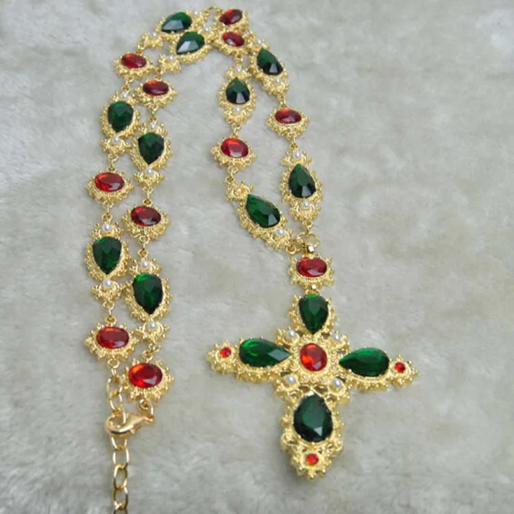 Medieval European Retro Style Noble Woman Gold Plated Ruby Emerald Colorful Gemstone Baroque Luxury Cross Pendant Necklace